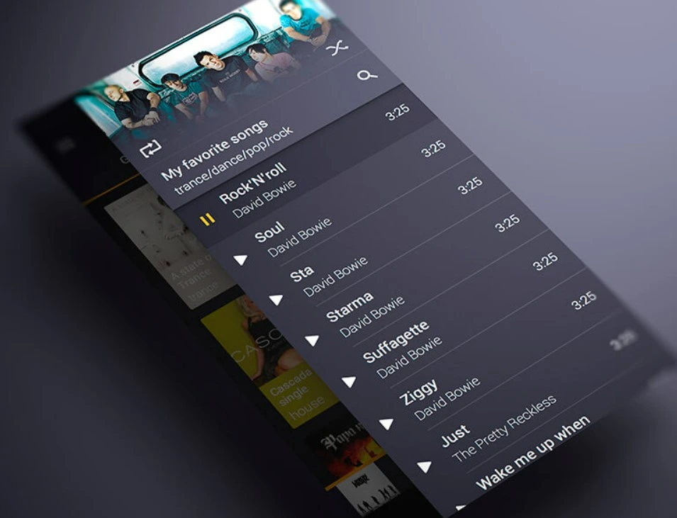 Приложение материалы. Дизайн плейлиста. Плейлист приложение дизайн. Андроид дизайн. Темный Интерфейс приложения.